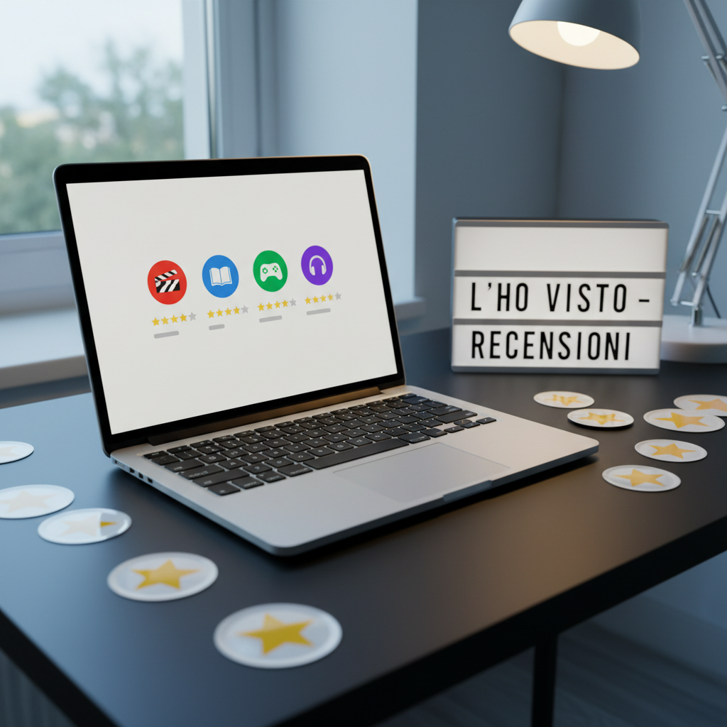 A neatly organized review workstation featuring an open silver laptop on a matte black desk, its screen showing a minimalist dashboard of different review categories represented by colorful icons: a clapperboard, a book, a game controller, and a pair of headphones, each with a five‑star bar beneath. Around the laptop are scattered glossy rating stickers with stars from one to five, and a small lightbox sign glowing with the text “L’HO VISTO – RECENSIONI”. Cool, diffused light from a nearby window mixes with a warm desk lamp, creating a playful contrast of tones. Captured in photographic realism from a three‑quarter angle, with medium depth of field and a bright, energetic atmosphere.
