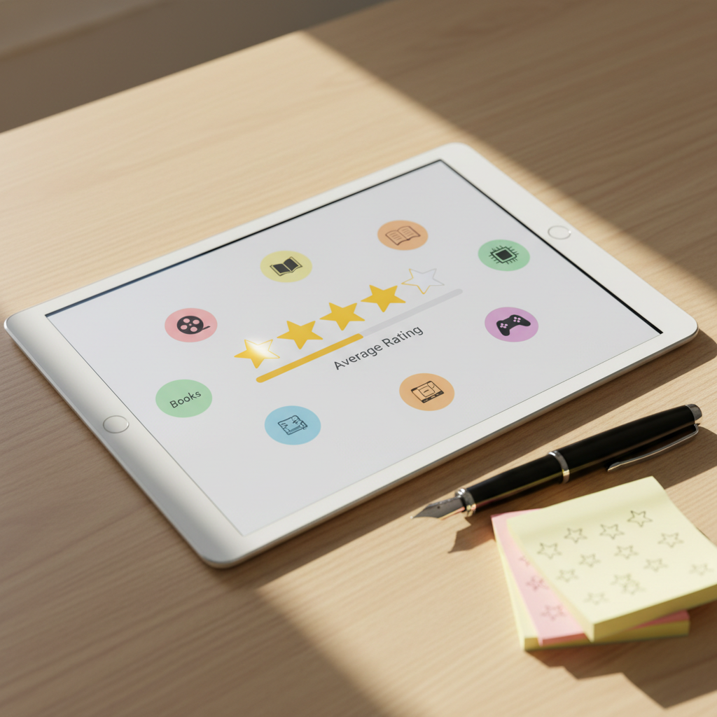A close‑up of a pristine white tablet lying on a light oak table, its screen displaying a colorful five‑star rating interface with four and a half golden stars filled in and playful, rounded icons for movies, books, tech, and games surrounding the rating bar. Next to the tablet rests a shiny black fountain pen and a small stack of sticky notes with tiny drawn stars. Warm afternoon window light washes across the scene, creating soft highlights on the glass screen and pen, with gentle shadows under the objects. Photographic realism, shot from a slightly elevated angle, using rule‑of‑thirds composition to create a vibrant, modern, and trustworthy mood for a review blog.