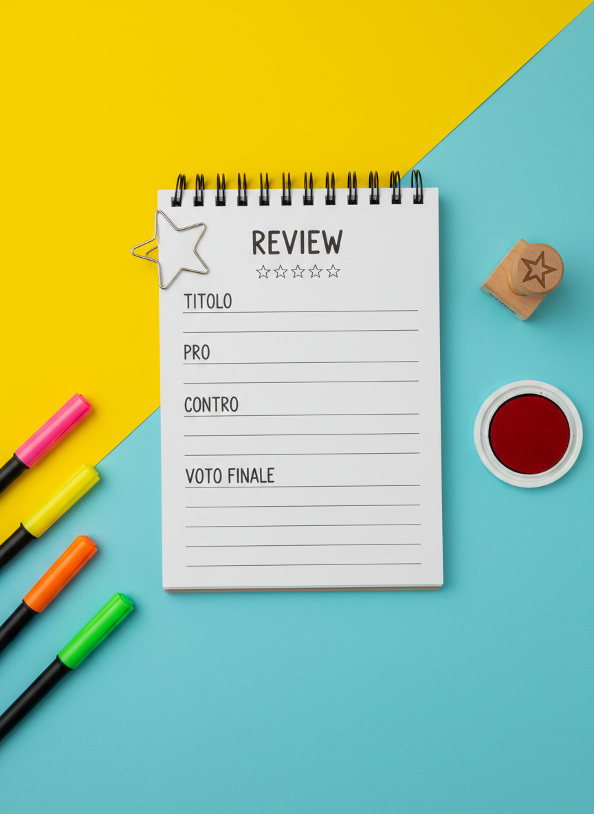 An overhead photographic view of a quirky review notepad lying on a colorful, diagonally split background of bright yellow and turquoise. The notepad has crisp, white pages with a printed template: title line, small star icons for rating, and playful section headers like “PRO”, “CONTRO”, and “VOTO FINALE”. A shiny metal star‑shaped paperclip pins the top corner, while around the notepad lie rainbow‑colored highlighters, a small rubber stamp with a star symbol, and a glossy red ink pad. Soft studio lighting eliminates harsh shadows, creating an even, vibrant look. The composition is flat‑lay, perfectly centered, with sharp focus throughout, evoking a fun, organized, and sincere review vibe.