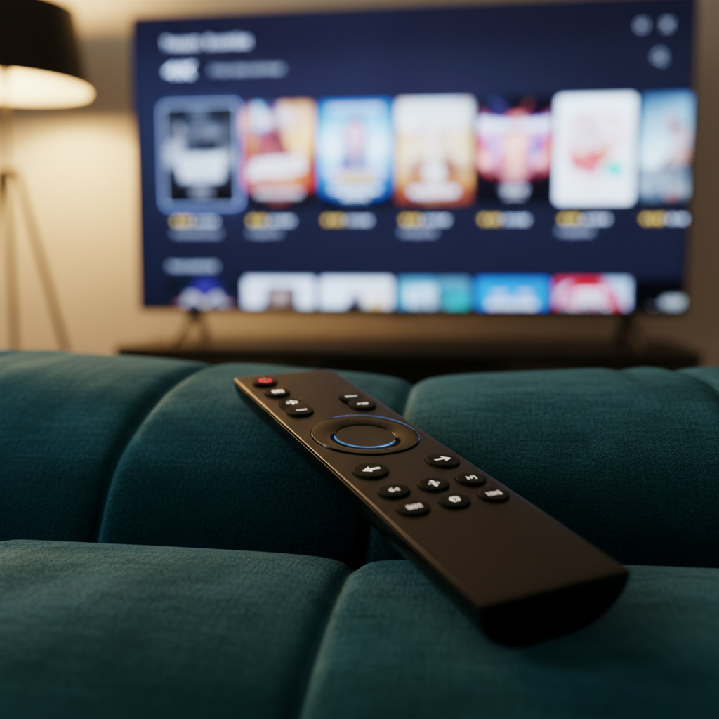 A cinematic, photographic close‑up of a sleek black TV remote resting on a plush teal sofa cushion in front of a large 4K television screen. The TV displays a blurred interface of movie posters lined up in a carousel, each with a visible star rating bar beneath, glowing in vivid colors. Warm ambient light from a floor lamp softly illuminates the remote, highlighting its matte texture and glossy buttons, while the background TV glow casts subtle reflections. Shot from a low, slightly angled perspective with shallow depth of field, the remote is in sharp focus and the background falls into colorful bokeh, creating a cozy, playful atmosphere perfect for a film review section.