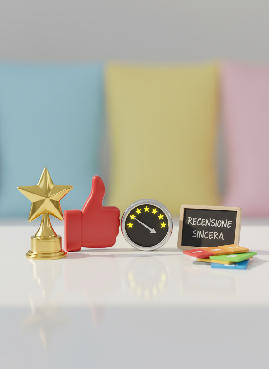 A playful collection of five glossy review icons arranged in a loose semicircle on a clean white desk: a polished golden star trophy, a shiny red thumbs‑up foam hand, a sleek metallic rating dial set to four stars, a small chalkboard with “RECENSIONE SINCERA” hand‑written in Italian, and a stack of bright, color‑coded rating cards. Soft daylight from the left creates gentle reflections on the metallic and plastic surfaces, casting crisp yet friendly shadows. Shot at eye level with a shallow depth of field, the foreground objects are in sharp photographic focus while the background blurs into subtle pastel tones, conveying a lighthearted, trustworthy atmosphere perfect for a reviews blog.